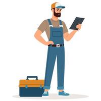 Flat illustration. Man plumber in uniform standing and holding tablet, next to toolbox, white background vector