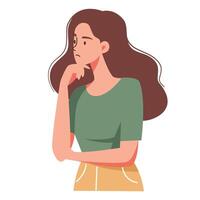 Flat illustration. Woman stands in a pensive pose and thinks over the question vector