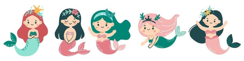 Cute set in children's style. Cute mermaids in different poses vector