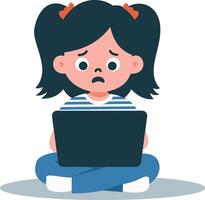 Flat illustration. A girl is sitting at her laptop and is afraid. The laptop has forbidden content for children vector