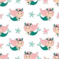 Seamless pattern in children's style. Cute mermaid and starfish on white background vector