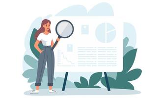 Flat illustration. Cute girl standing in front of a big banner and holding a big magnifying glass. Searching for information on presentation vector