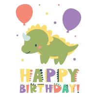 Cute children's illustration. Birthday inscription in the style of dinosaurs. Cute raptor holding a balloon. vector