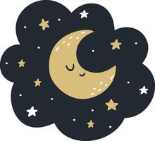 plano ilustración en escandinavo para niños estilo. Luna con sonriente cara y estrellas en el noche cielo vector