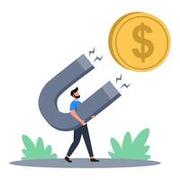 Flat illustration. Man big magnet attracts money, concept of big earnings vector