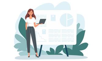 Flat illustration. Woman standing next to a large banner and holding a laptop, online presentation. Presentation and banner for a web site. vector