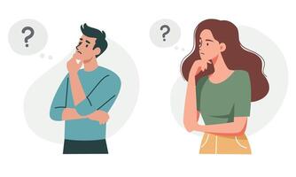 Set of illustrations. Man and woman in a pensive pose solving a question. Concept of problem solving vector