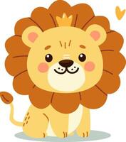 Cute lion on white background wearing a crown. Flat illustration in children's style vector