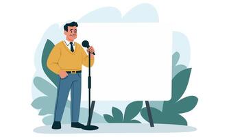 Flat illustration. Elderly man is giving presentation, speaking into microphone, presentation banner in the background. Blank space on the banner for your text vector