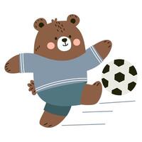 Cute bear cub in uniform playing soccer. Flat illustration in children's style on white background vector