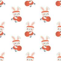 Seamless pattern. Cute hare in uniform playing basketball. Flat illustration in children's style on white background vector