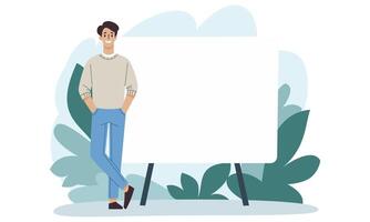 A young man stands with his hands in his pockets, giving a presentation on a large banner. Space for your text vector