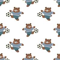 Seamless pattern. Cute bear cub in uniform playing soccer. Flat illustration in children's style on white background vector