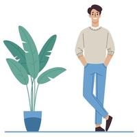 un joven hombre de pie, en un relajado pose, manos en bolsillos, sonriente, un casa flor en un maceta. plano ilustración, blanco antecedentes vector