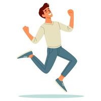 Young man jumping with joy, happy emotions. Flat illustration on white background vector