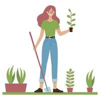 Flat illustration. Cute girl planting tree seedlings, doing gardening. Environment protection concept vector