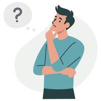 Flat illustration. A man is sitting in a pensive pose and thinking over a question. vector