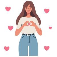 plano ilustración. linda mujer en pie y demostración corazón con dos manos vector