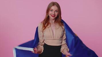 Pretty teen girl waving European Union flag, smiling, cheering democratic laws human rights freedoms video