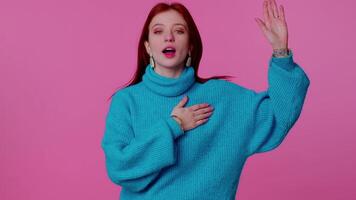 Sincere responsible teen girl raising hand to take oath, promising to be honest and to tell truth video