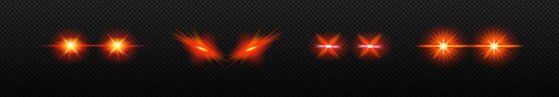 Laser glowing eyes set. Dangerous red light ferocious halloween evil vector