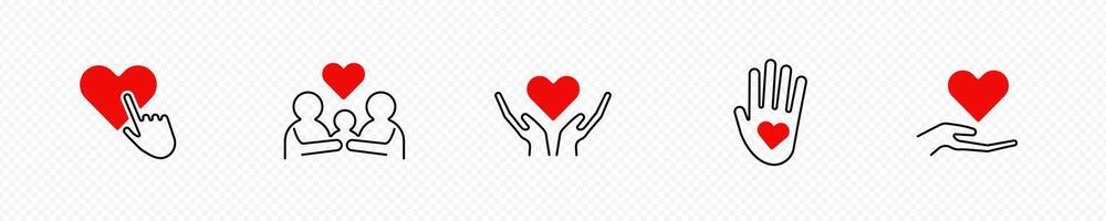 Support and donation icons. Hands with red heart as symbol of care vector