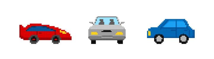 Colorful pixel cars set. Arcade red racing transport vector