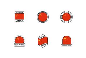 Made in china labels set. Business production sticker with red flag vector