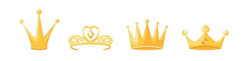 Gold crowns and tiaras set. Luxurious golden jewelry for queens and princes vector