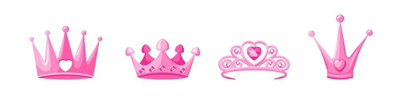 Pink crowns and tiaras set. Luxurious jewelry for queens and princes vector