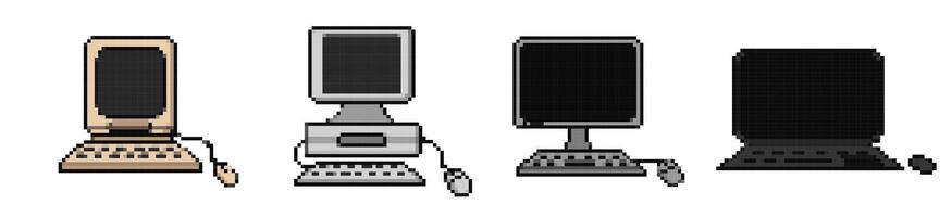 Modern and pixel retro computers set. Evolution of pc from old portable device vector