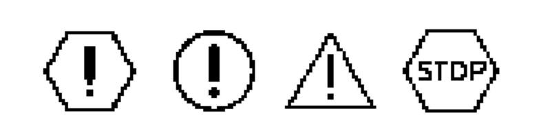 8 bit caution road sign icon. Pixel error retro banner. vector