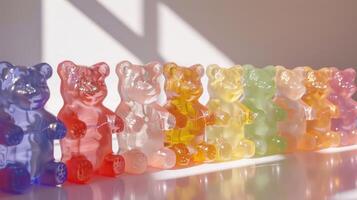 Colorful, translucent gummy bears figurine showcasing a radiant spectrum of hues photo