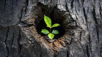 Young tree emerging from old tree, with copy space photo