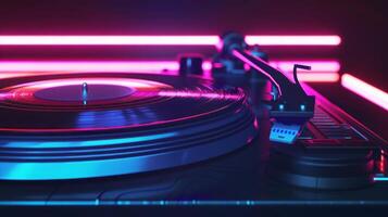 This 3D animation captures a vintage turntable and vinyl record, bathed in neon light, channeling a retro wave aesthetic perfect for music and nostalgic themes photo