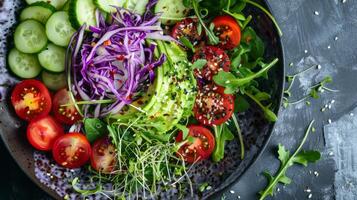 Summer green healthy salad with avocado, arugula microgreens, cucumber, cabbage and tomatoes. photo