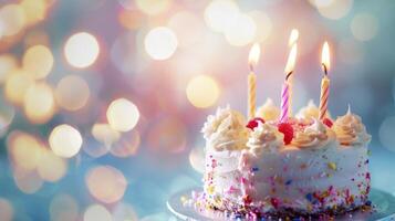 Birthday cake with candles on blurred bright celebrating background, with copy space, vertical backdrops photo