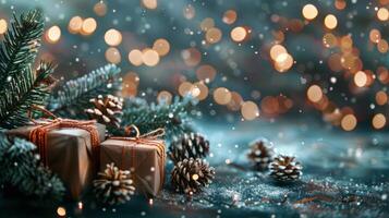 christmas and new year background - gift boxes and pine cones and branches on the background of bokeh garlands. photo