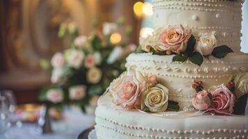 Wedding cake with roses on the table. Shallow depth of field. photo
