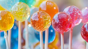 Close-up shots of a vibrant and colorful display of lollipops, capturing the details of different flavors photo