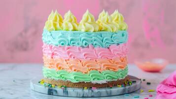 A vibrant birthday cake featuring layers of sponge and colorful buttercream frosting. photo