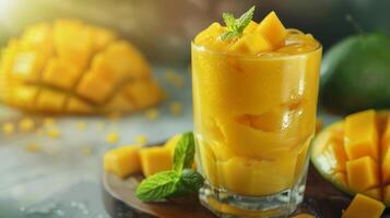 mango zalamero en un vaso con Fresco mango y menta en un ligero fondo, cerca arriba de mango bebida foto