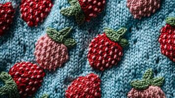 Knitted fabric with a strawberry pattern, photographed from directly above, fabric pattern photo