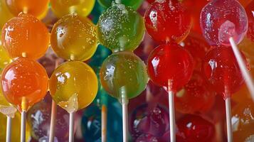 Close-up shots of a vibrant and colorful display of lollipops, capturing the details of different flavors photo