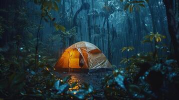 rain on the tent in the forest, tropic, quiet, calm, peaceful, meditation, camping, night, relax. photo