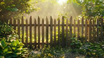 Serene garden scene with sunlit wooden fence and lush greenery in early morning. photo