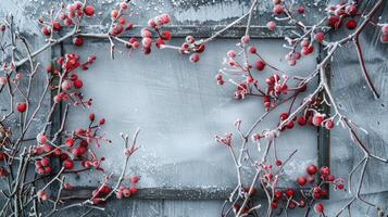 Snow-covered board frame framed by branches with red berries covered in frost. Copy space. photo