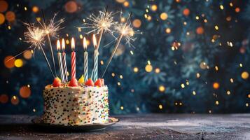 Birthday cake with many birthday candles and sparklers against a background with copy space photo