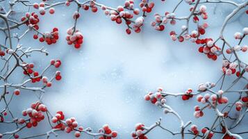 Snow-covered board frame framed by branches with red berries covered in frost. Copy space. photo