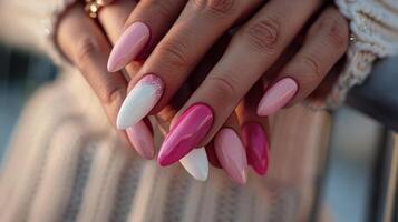 Womans Hand With Pink and White Nails photo